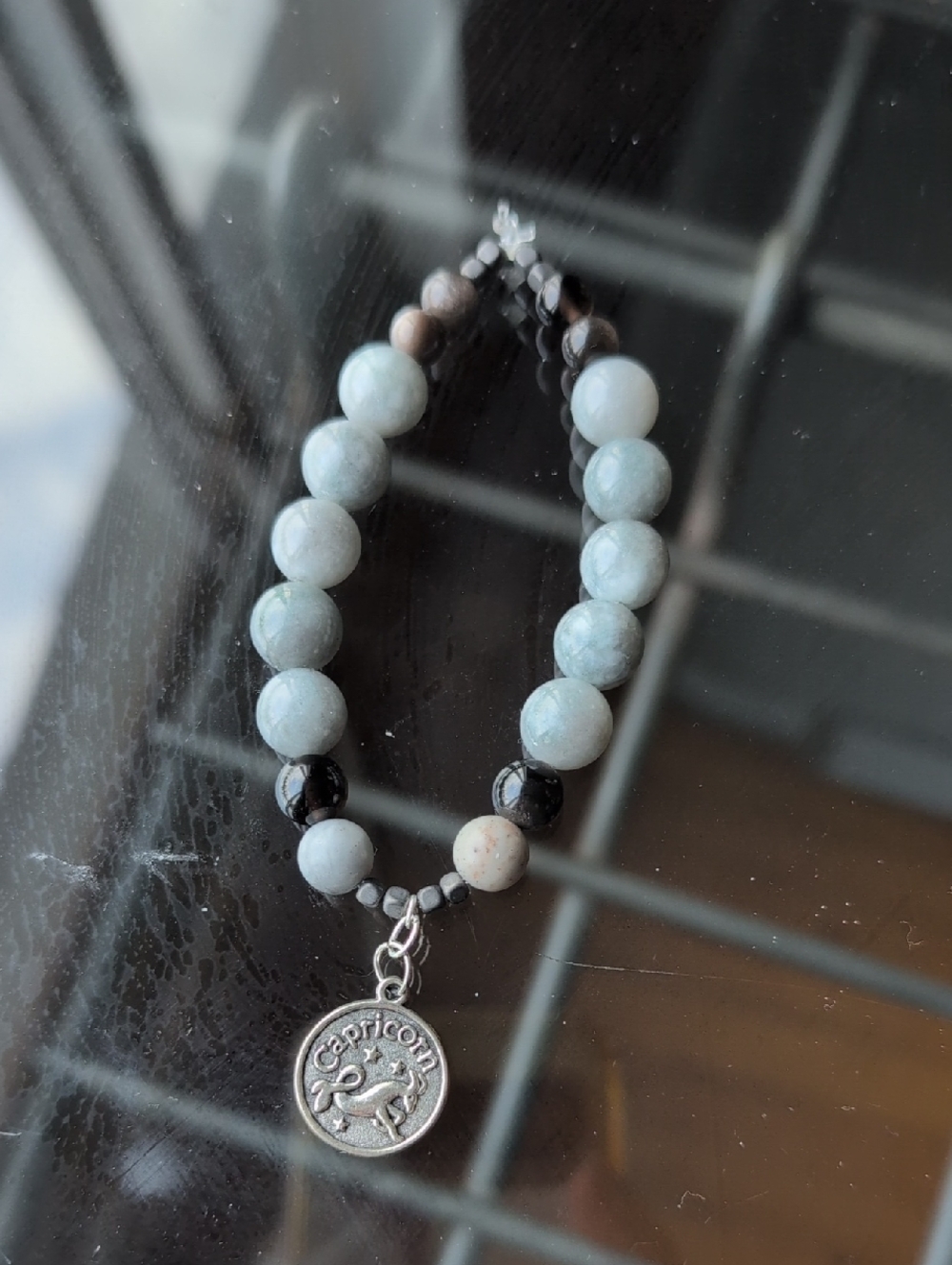 Capricorn Charm Gray Agate ,Silver Obsidian, Jasper, Hematite Gemstone Bracelet